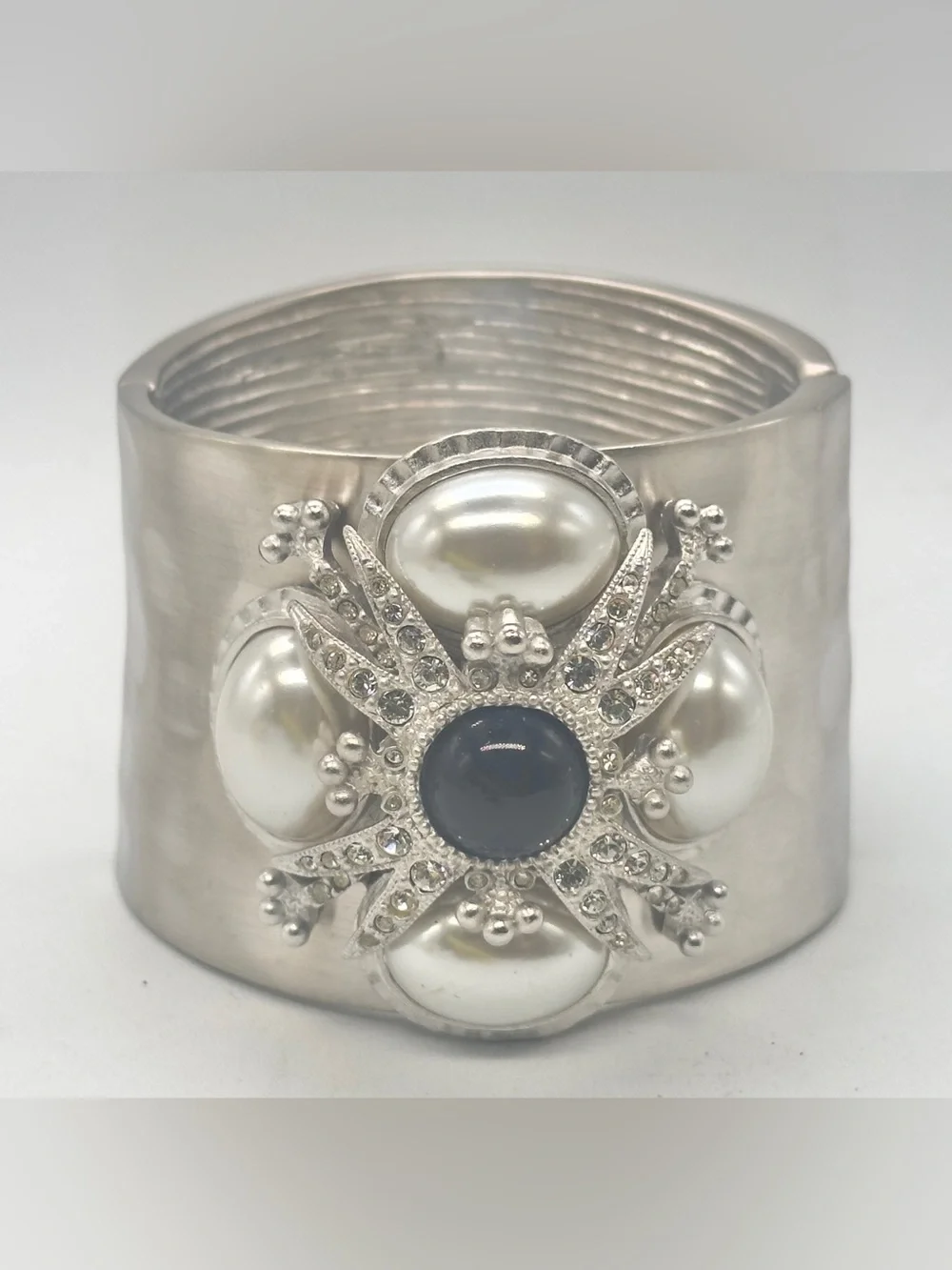 Vintage St John Cuff Bracelet Silver Tone Hinge Bangle Pearl Rhinestone 80s
